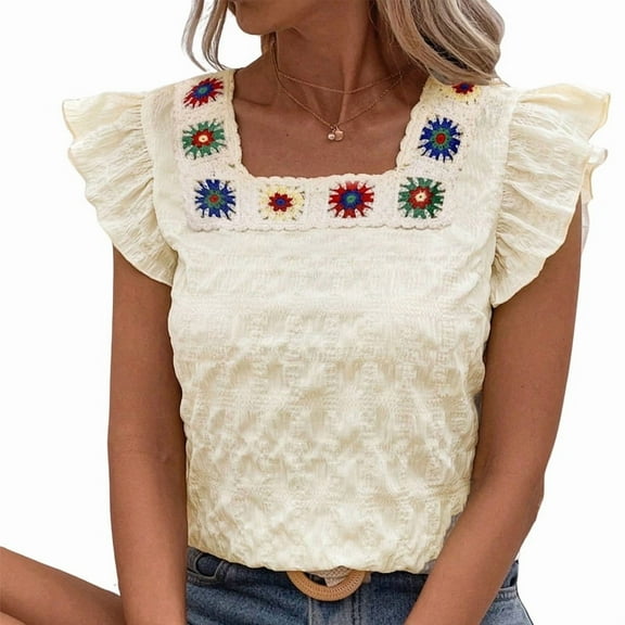 Women'S Floral Embroidery Blouse Flutter Sleeve Square Neck Textured Summer Shirt Dark Blue L