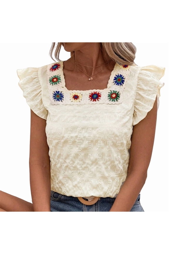Women'S Floral Embroidery Blouse Flutter Sleeve Square Neck Textured Summer Shirt Dark Blue S