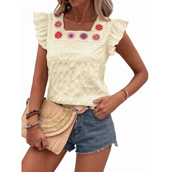 Women'S Floral Embroidery Blouse Flutter Sleeve Square Neck Textured Summer Shirt Light Yellow S