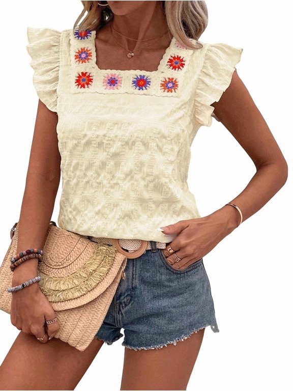 Women'S Floral Embroidery Blouse Flutter Sleeve Square Neck Textured Summer Shirt Light Yellow XL