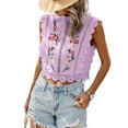 thumbnail image 1 of Women'S Floral Embroidery Lace Trim Blouse Mock Neck Sleeveless Holiday Crop Tops Magenta XXL, 1 of 7
