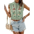 thumbnail image 1 of Women'S Floral Embroidery Lace Trim Blouse Mock Neck Sleeveless Holiday Crop Tops Matcha Color S, 1 of 7