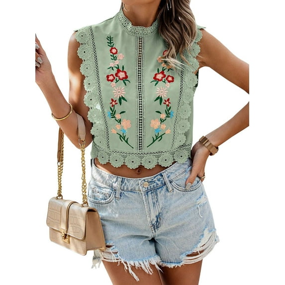 Women'S Floral Embroidery Lace Trim Blouse Mock Neck Sleeveless Holiday Crop Tops Matcha Color S