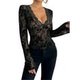 thumbnail image 1 of Women'S Floral Embroidery Mesh Lace Round Neck Long Sleeve Top Black XL, 1 of 6