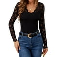 thumbnail image 1 of Women'S Floral Embroidery Mesh Lace V Neck Long Sleeve Top Black L, 1 of 7