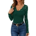 thumbnail image 1 of Women'S Floral Embroidery Mesh Lace V Neck Long Sleeve Top Dark Green S, 1 of 9