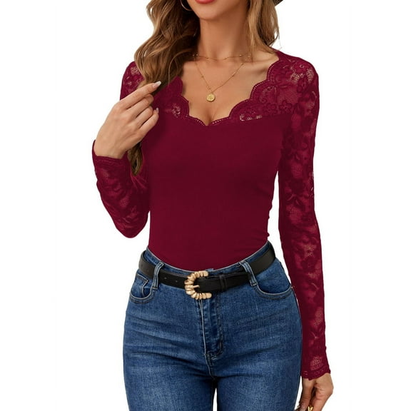 Women'S Floral Embroidery Mesh Lace V Neck Long Sleeve Top Wine Red S
