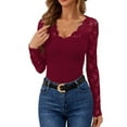 thumbnail image 1 of Women'S Floral Embroidery Mesh Lace V Neck Long Sleeve Top Wine Red XXL, 1 of 7