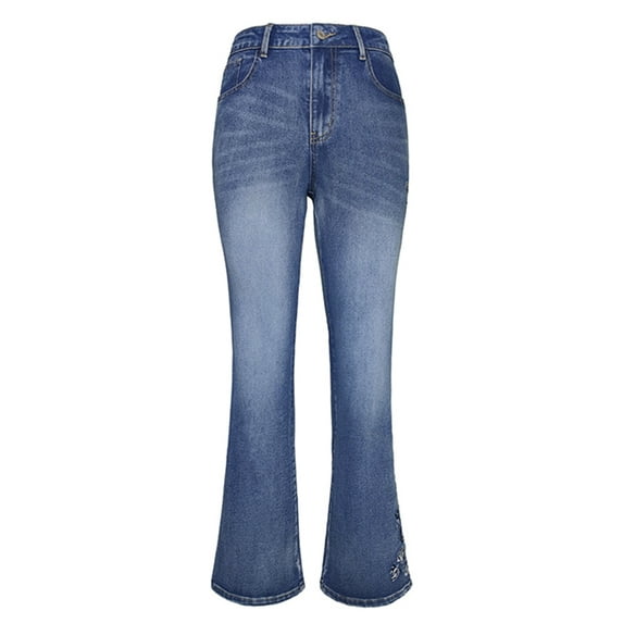Women'S Floral Embroidery Mid Waist High Stretch Bootcut Jeans with Pockets Blue M