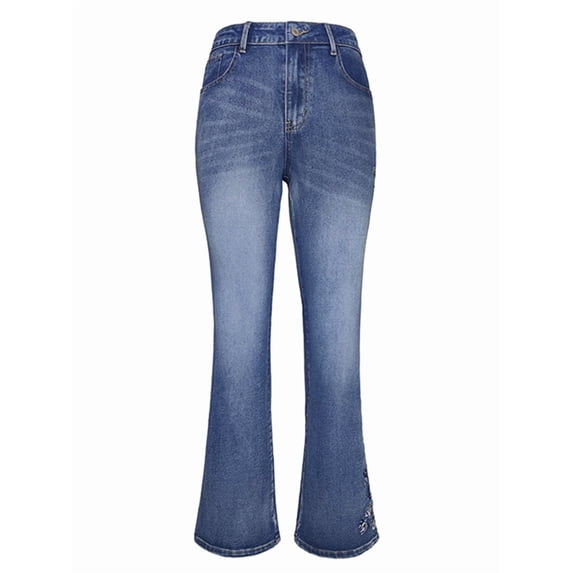 Women'S Floral Embroidery Mid Waist High Stretch Bootcut Jeans with Pockets Blue M