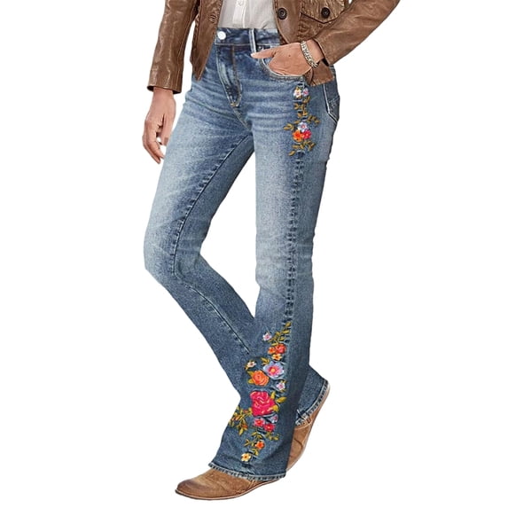 Women's Floral Embroidery Mid Waist Mid Stretch Bootcut Jeans with Pockets Blue S