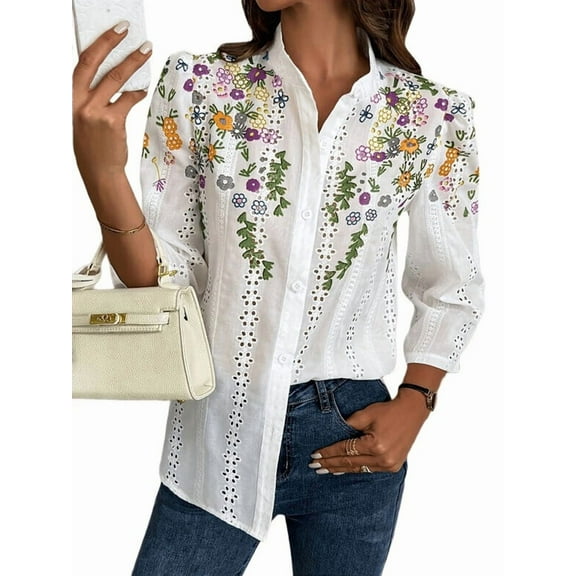 Women'S Floral Eyelet Embroidery Band Collared 3/4 Puff Sleeve Blouses Button Down Casual Shirts Green L