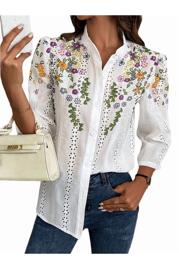 Women'S Floral Eyelet Embroidery Band Collared 3/4 Puff Sleeve Blouses Button Down Casual Shirts Green XXL
