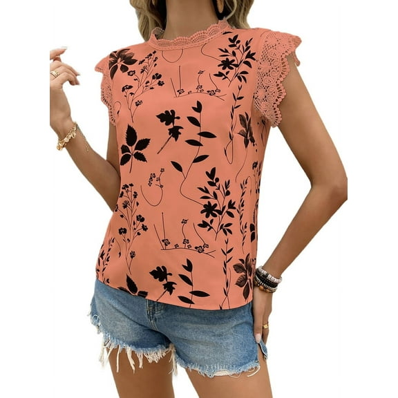 Women'S Floral Graphic Lace Blouses Crew Neck Cap Sleeve Boho Shirts Orange Red XL