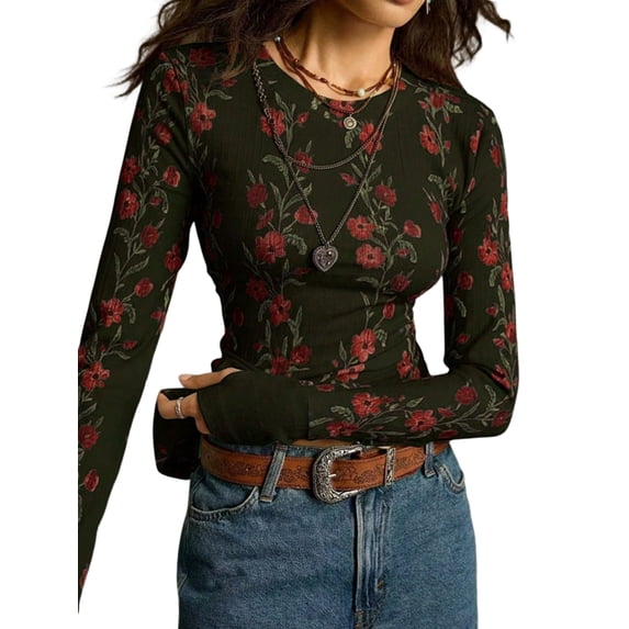 Women'S Floral Knitted Long Sleeve Crew Neck Going Out Slim Fit Tops Fall Outfits Trendy Clothes Green M