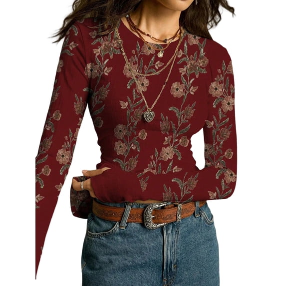 Women'S Floral Knitted Long Sleeve Crew Neck Going Out Slim Fit Tops Fall Outfits Trendy Clothes Wine Red M