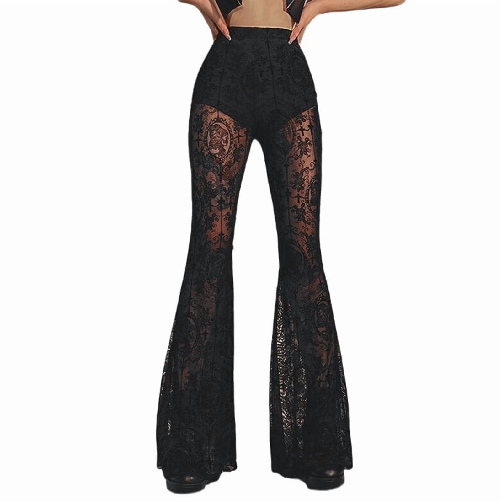 Women'S Floral Lace Sheer Mesh Flare Pants Elastic High Waisted