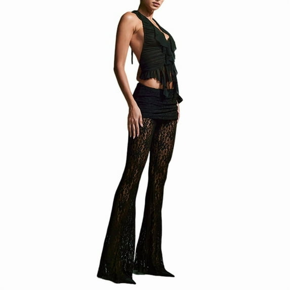 Women'S Floral Lace Sheer Mesh Flare Pants Elastic High Waisted Long Trousers Black L