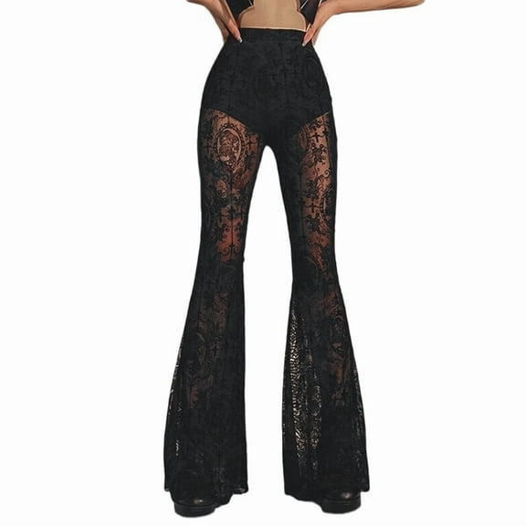 Women'S Floral Lace Sheer Mesh Flare Pants Elastic High Waisted Long Trousers Black S