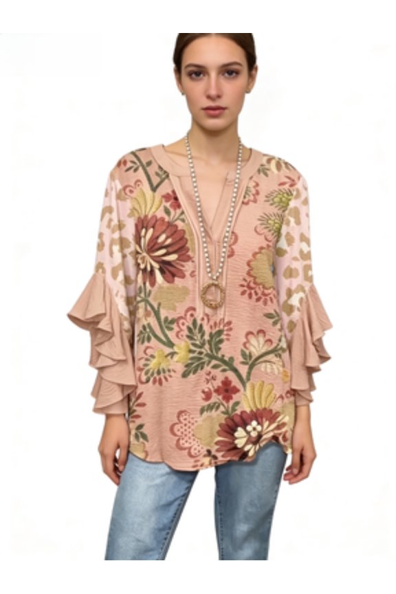 Women'S Floral & Leopard Print Blouse - Button-Front Top With Three-Quarter Length Ruffle Sleeves, Non-See-Through Fabric For Everyday & Formal Events - Spring/Fall/Summer/Winter Blouse In Pink