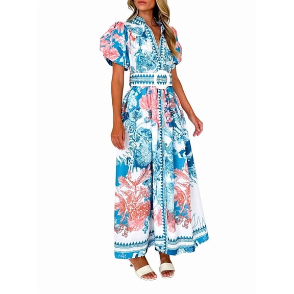 Women'S Floral Maxi Dress Summer and Autumn Wedding Guest Dress Blue M