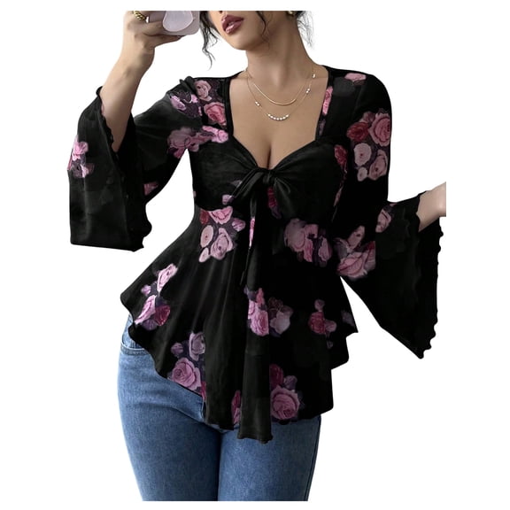 Women'S Floral Mesh Bell Long Sleeve Tops Bow- Tie Front Sweetheart Neck Ruffle Hem Shirts Black XL