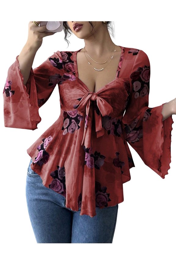 Women'S Floral Mesh Bell Long Sleeve Tops Bow- Tie Front Sweetheart Neck Ruffle Hem Shirts Red L