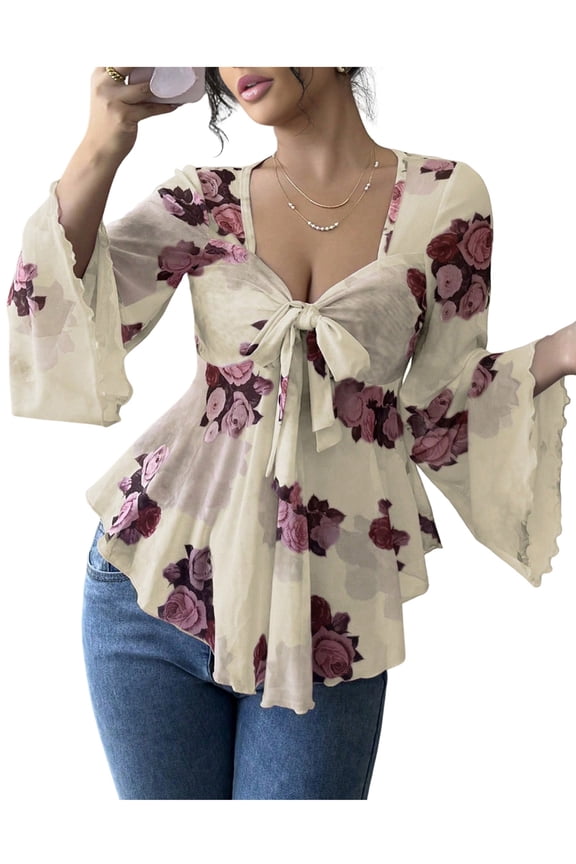 Women'S Floral Mesh Bell Long Sleeve Tops Bow- Tie Front Sweetheart Neck Ruffle Hem Shirts XL