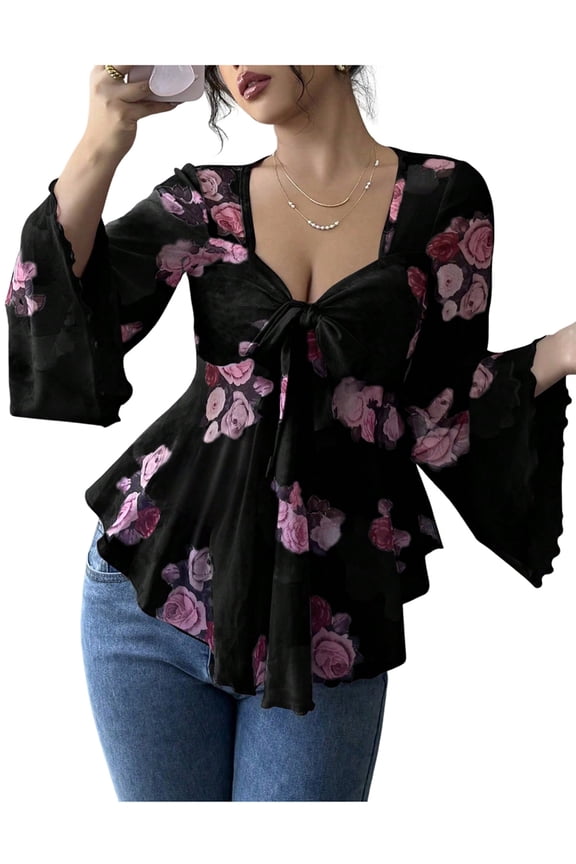Women'S Floral Mesh Bell Long Sleeve Tops Bow- Tie Front Sweetheart Neck Ruffle Hem Shirts