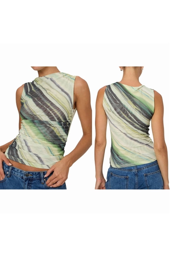 Women'S Floral Mesh Tank Top Y2k Ruched Going Out Tops Summer Beach Vacation Clothes Green M