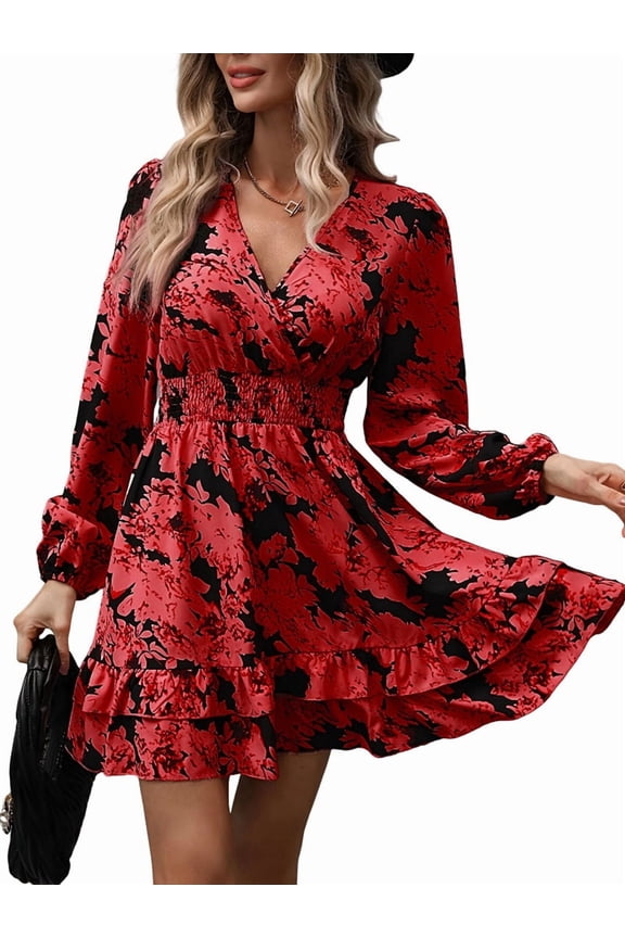 Women'S Floral Mini Dress Long Sleeve Casual V Neck Chiffon Modest Boho Flowy Fall Wedding Guest Dresses Wine Red M