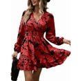 thumbnail image 1 of Women'S Floral Mini Dress Long Sleeve Casual V Neck Chiffon Modest Boho Flowy Fall Wedding Guest Dresses Wine Red S, 1 of 9