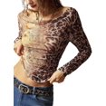 thumbnail image 1 of Women'S Floral Off Shoulder Long Sleeve Tops Fall Mesh Ruched Fitted Trendy Going Out Shirts Blouses Leopard Print S, 1 of 10