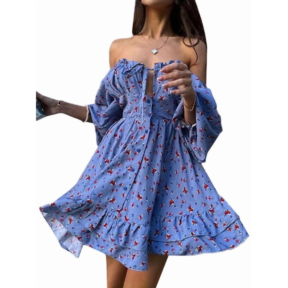 Women'S Floral Off Shoulder Puff Sleeve Short Dress Boho Frill Trim A Line Mini Dresses Blue S