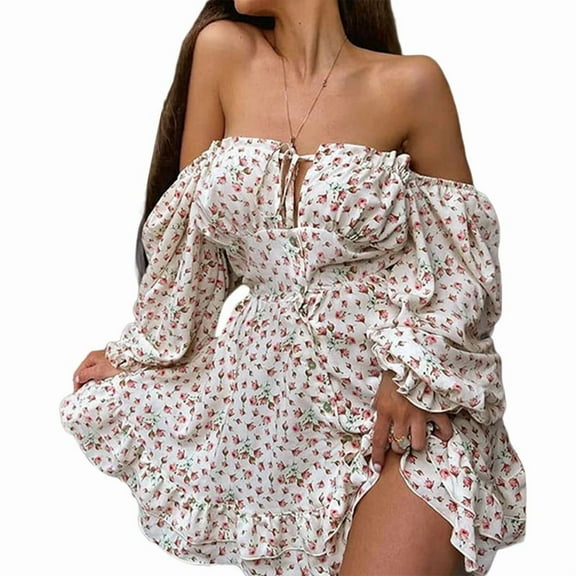 Women'S Floral Off Shoulder Puff Sleeve Short Dress Boho Frill Trim A Line Mini Dresses White S