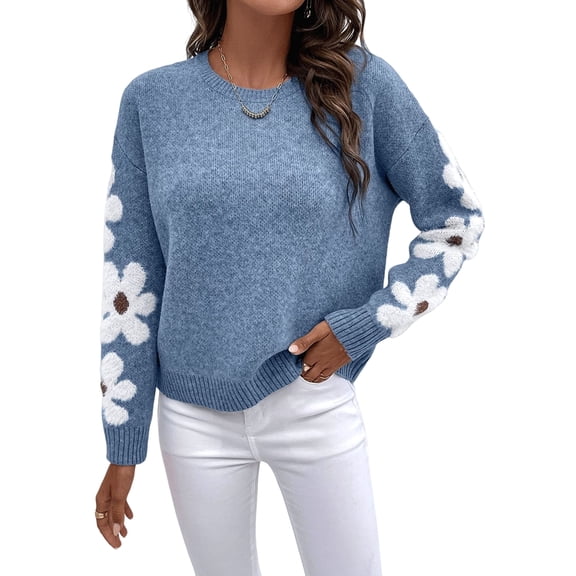 Women'S Floral Pattern Crewneck Long Sleeve Drop Shoulder Sweaters Pullover Tops Blue L