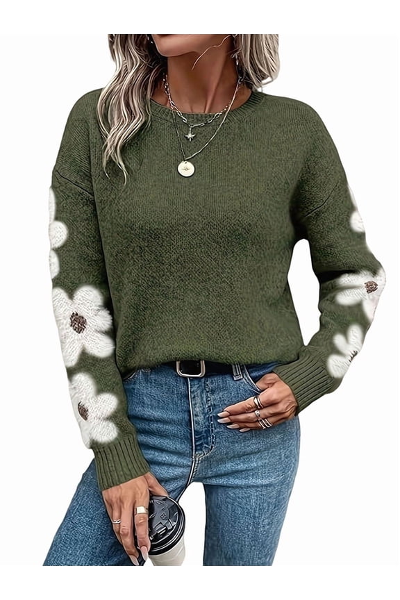 Women'S Floral Pattern Crewneck Long Sleeve Drop Shoulder Sweaters Pullover Tops Green L