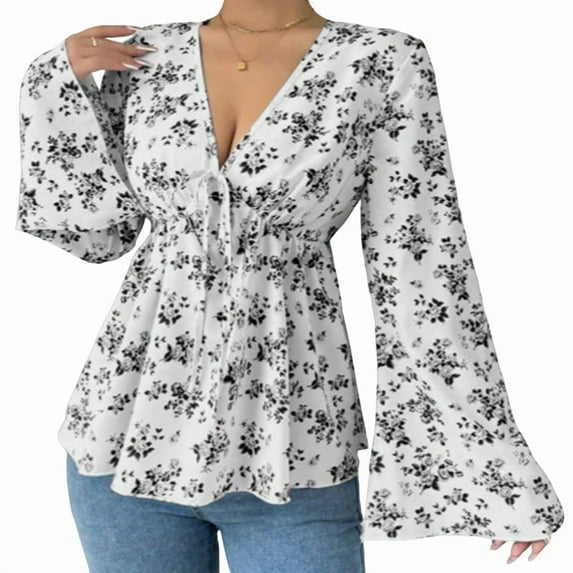 Women'S Floral Print Blouse Long Sleeve Babydoll Shirt Deep V Neck Peplum Top Black M
