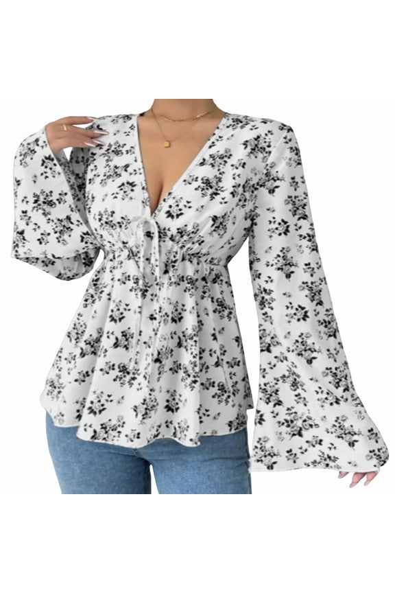 Women'S Floral Print Blouse Long Sleeve Babydoll Shirt Deep V Neck Peplum Top Black XXL