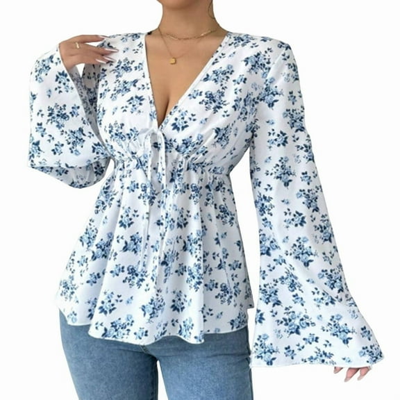 Women'S Floral Print Blouse Long Sleeve Babydoll Shirt Deep V Neck Peplum Top Blue XXL