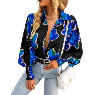 Women'S Floral Print Blouse Long Sleeve Button Down Shirts Casual Dressy Tops Black S
