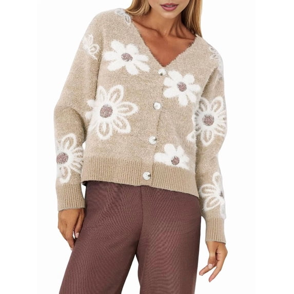 Women'S Floral Print Button Down Cardigan V Neck Drop Shoulder Knit Outerwear L