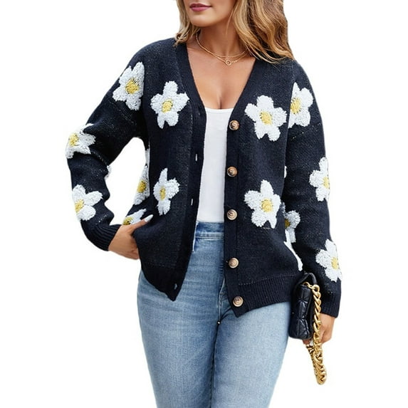 Women'S Floral Print Cardigan Long Sleeve Open Front Button Down V Neck Knitted Sweaters Black S
