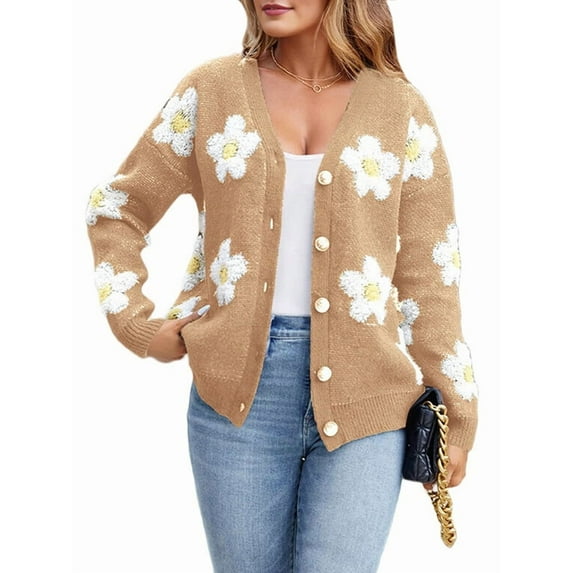 Women'S Floral Print Cardigan Long Sleeve Open Front Button Down V Neck Knitted Sweaters Camel L