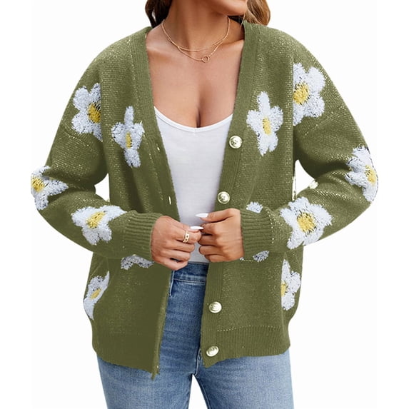 Women'S Floral Print Cardigan Long Sleeve Open Front Button Down V Neck Knitted Sweaters Green M