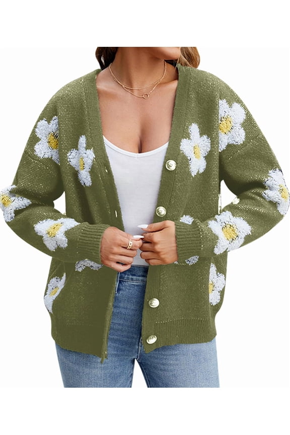 Women'S Floral Print Cardigan Long Sleeve Open Front Button Down V Neck Knitted Sweaters Green XL