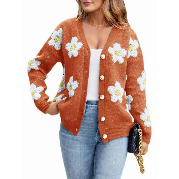 Women'S Floral Print Cardigan Long Sleeve Open Front Button Down V Neck Knitted Sweaters Orange Red S