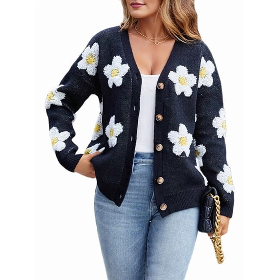 Women'S Floral Print Cardigan Long Sleeve Open Front Button Down V Neck Knitted Sweaters
