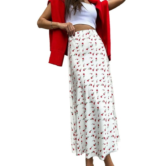 Women'S Floral Print Midi Skirt Casual High Elastic Waist Zipper Vintage Midi Boho Skirts for Women White M