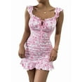 thumbnail image 1 of Women'S Floral Print Off Shoulder Milkmaid Dress Ruched Ruffle Hem Bodycon Mini Dress Pink S, 1 of 7
